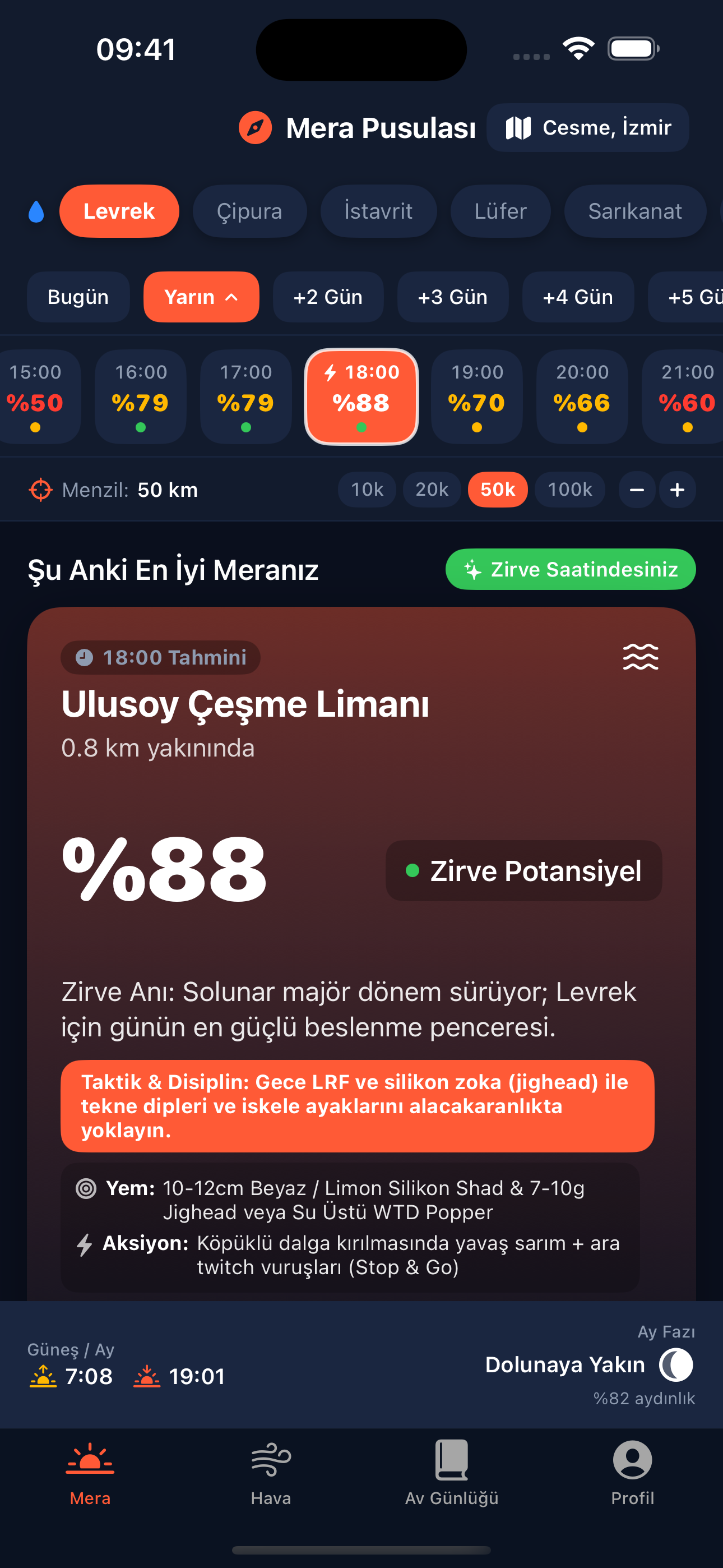 Mera Pusulası Go-Time ekranı, Mera Pro açık: Levrek için Ulusoy Çeşme Limanı merası yüzde 88 skorla zirve saatinde; taktik, yem ve aksiyon direktifleri görünüyor